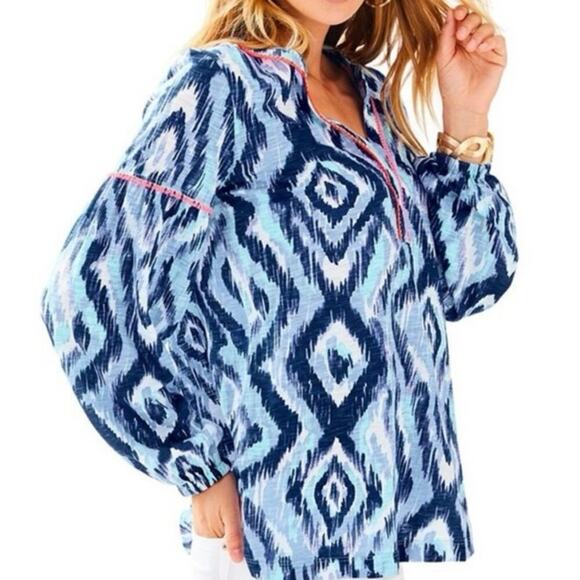 Lilly Pulitzer Tops - LILLY PULITZER Karissa Cotton Knit Tunic Blue Swish Fringe Trim Preppy - Small